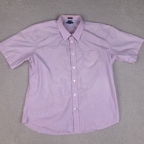 Tommy Hilfiger‎ Shirt Men's XL Pink Blue Short Sleeve Button Up Striped Trim Fit - Picture 1 of 14